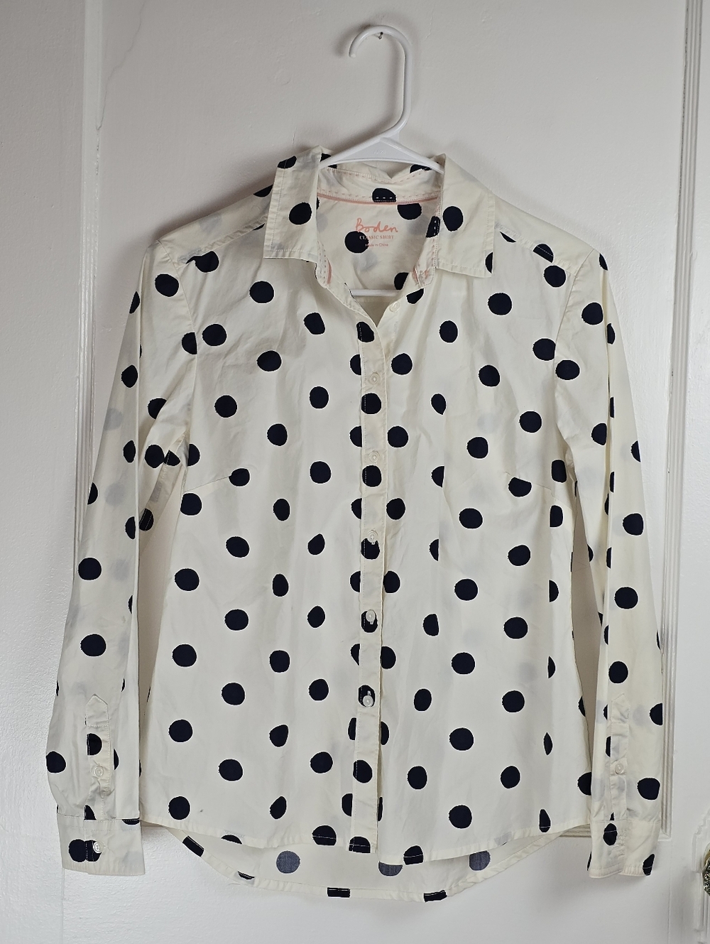 Boden White Blouse with Black Polka Dots